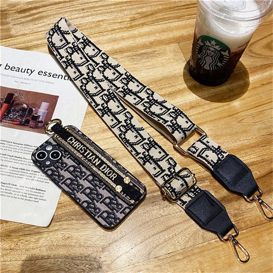 Dior-inspired patterned iPhone 13 case with strap