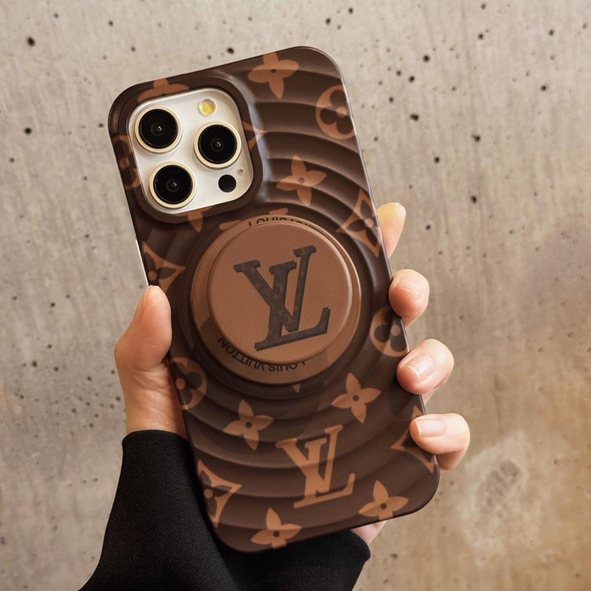 Louis Vuitton-inspired monogram phone case with round grip stand