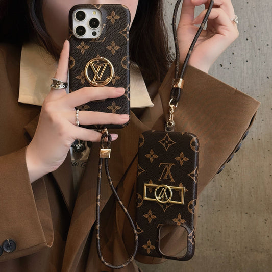 Louis Vuitton-inspired monogram iPhone case with crossbody strap