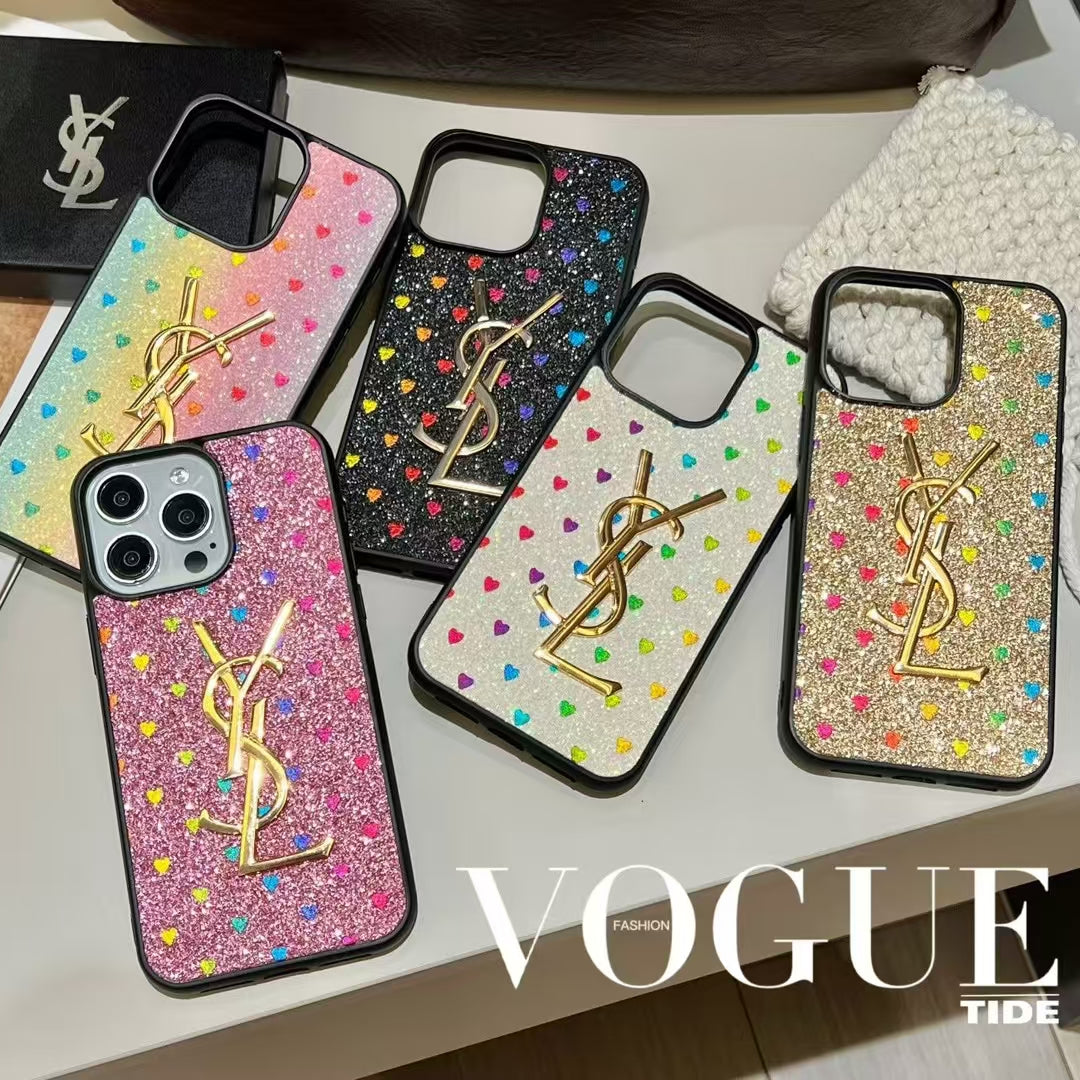 YSL-inspired glitter iPhone case with metal emblem