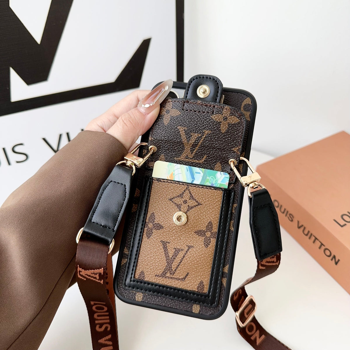 Louis Vuitton-inspired leather monogram crossbody iPhone case