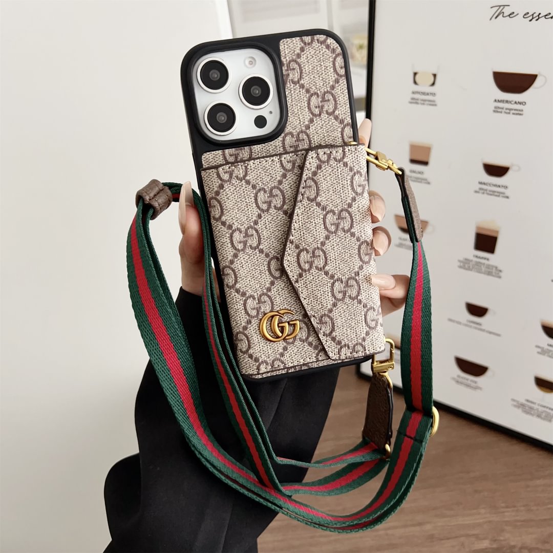 Canvas and leather crossbody iPhone case with accordion card holder