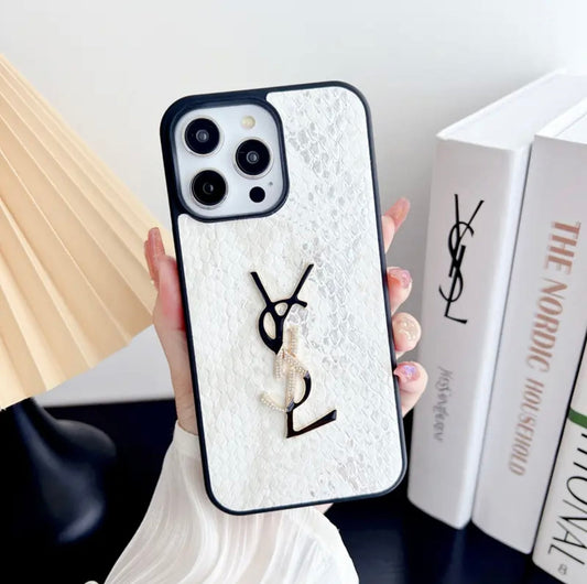 YSL-inspired pastel textured iPhone case with raised emblem