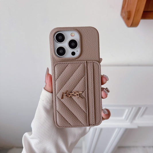 YSL-inspired chevron leather iPhone case with card pocket