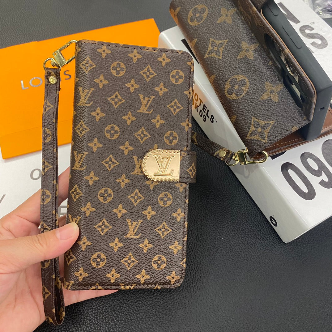Louis Vuitton-inspired wallet phone case with card slots and wrist strap