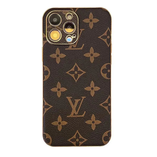 Louis Vuitton-inspired brown monogram iPhone case with emblem