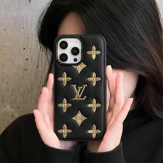 Louis Vuitton-inspired phone case with raised gold-tone pattern, black