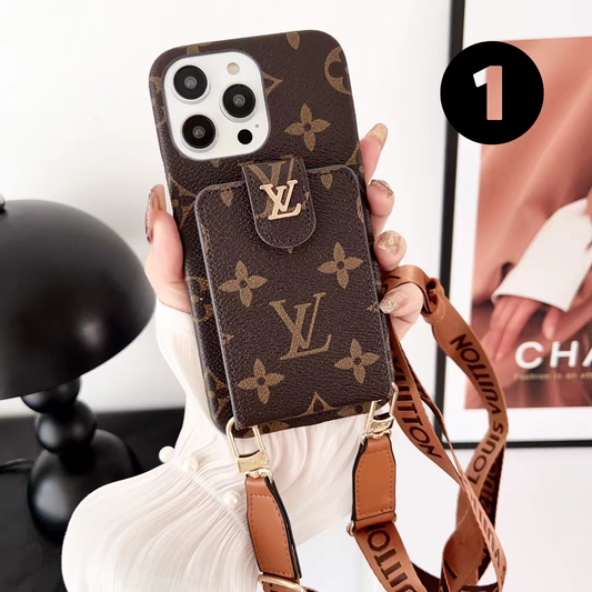 Louis Vuitton-inspired monogram phone case with strap and card pocket