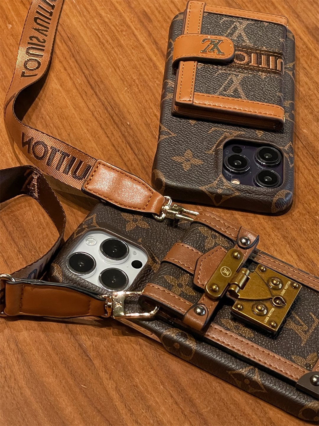 Louis Vuitton-inspired canvas crossbody iPhone case with card holder