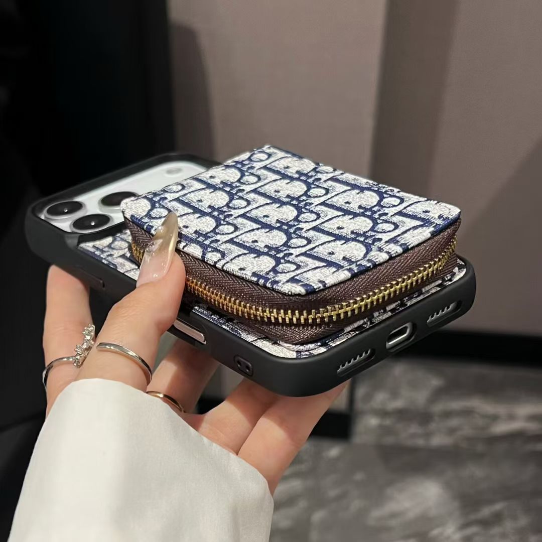 Dior-inspired repeating pattern iPhone 17 case with wallet holder