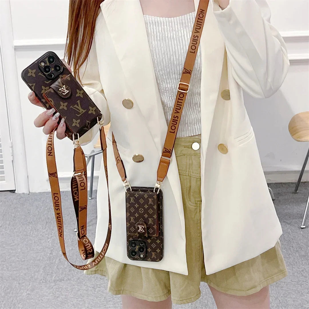 Louis Vuitton-inspired phone monogram case with strap for iPhone 17 / 16 / 15 / 14