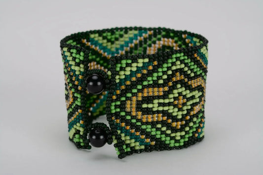 Wide ethnic beaded bracelet dark green and black yellow bracelet