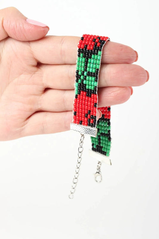 Adjustable green, black, red beads bracelet with floral ornament for her
