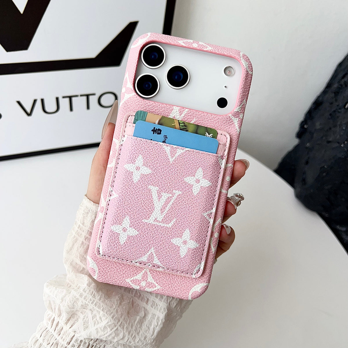 Louis Vuitton-inspired monogram iPhone 17 case with card wallet