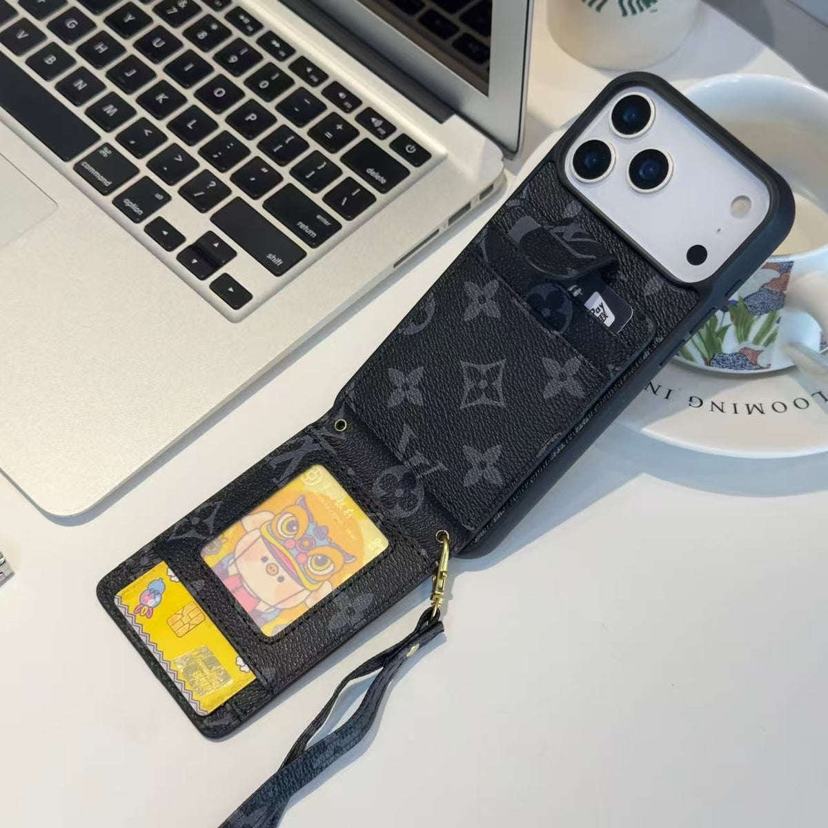 Louis Vuitton-inspired monogram iPhone 17 case with card pocket and wrist strap