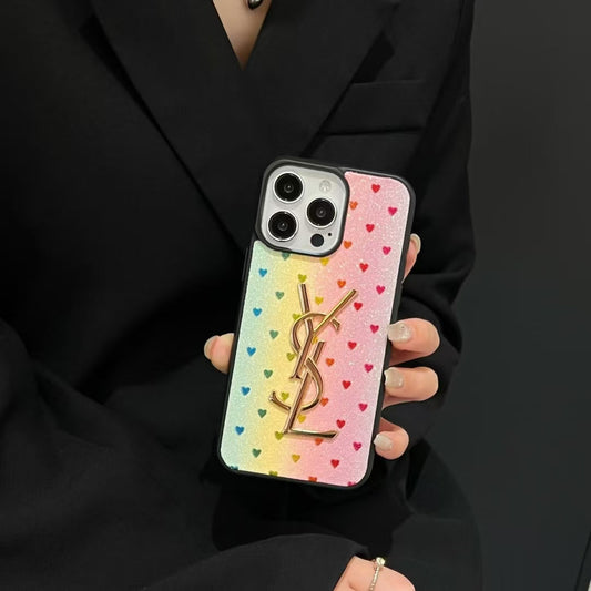YSL-inspired glitter iPhone case with metal emblem