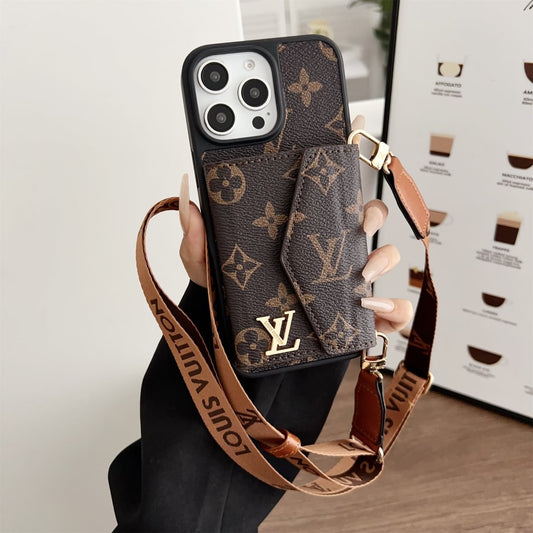 Louis Vuitton-inspired crossbody strap with wallet card holder, brown big monogram