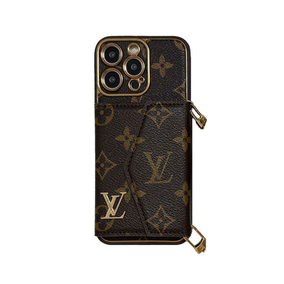 Brown leather iPhone wallet case with strap