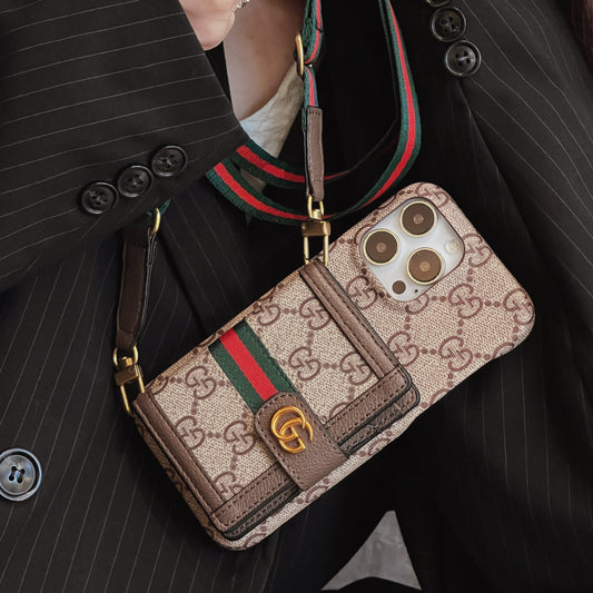 Gucci-inspired leather wallet crossbody iPhone case