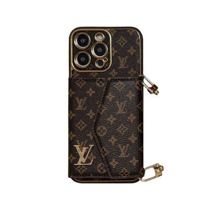 Brown leather iPhone wallet case with strap