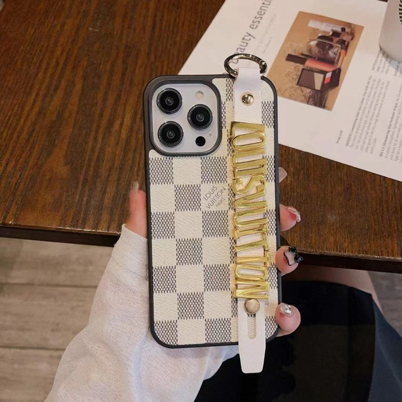 Louis Vuitton-inspired checkered iPhone 17 Pro case with hand strap