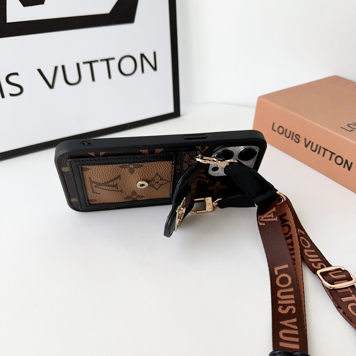 Louis Vuitton-inspired leather monogram crossbody iPhone case