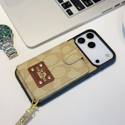 Louis Vuitton-inspired monogram iPhone 17 case with card pocket and wrist strap