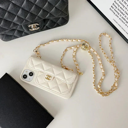 Chanel-inspired wallet crossbody chain iPhone case, white