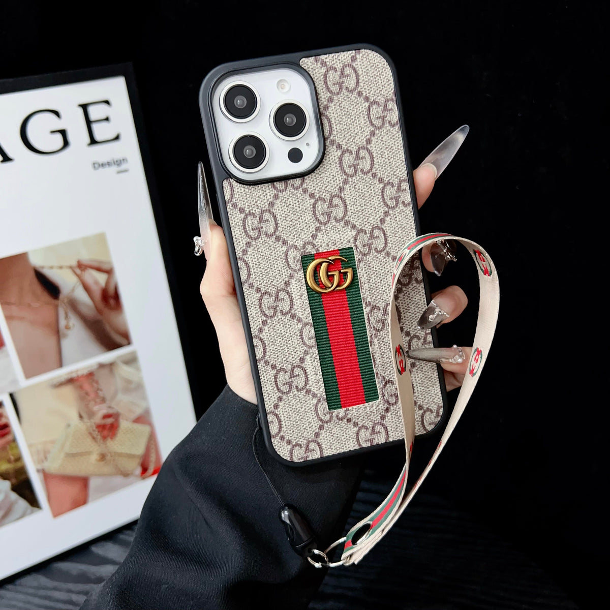 Gucci-inspired iPhone case with hand strap
