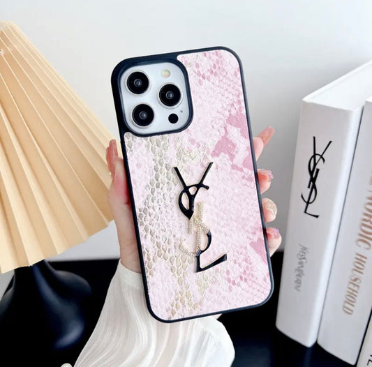 YSL-inspired pastel textured iPhone case with raised emblem