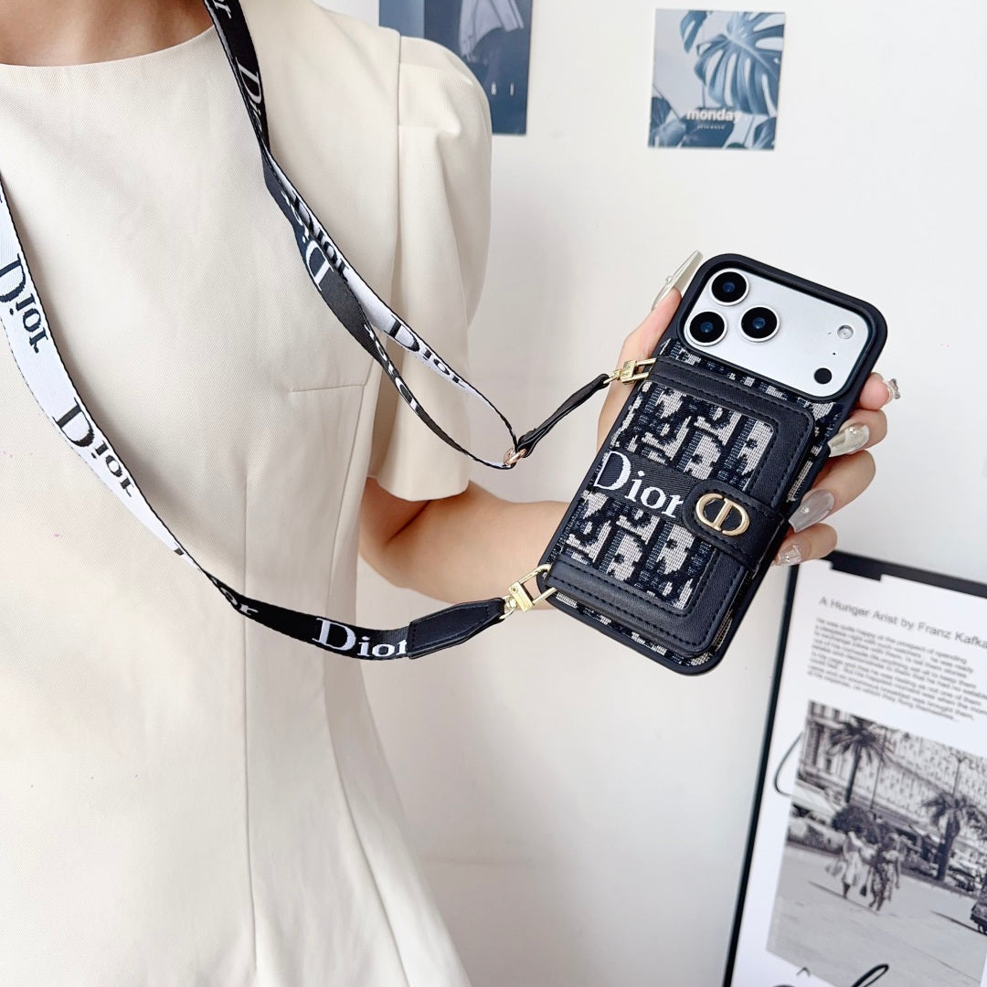 Dior-inspired leather iPhone case with card wallet and strap for iPhone 17 / 16 / 15 / 14