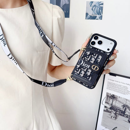 Dior-inspired leather iPhone case with card wallet and strap for iPhone 17 / 16 / 15 / 14