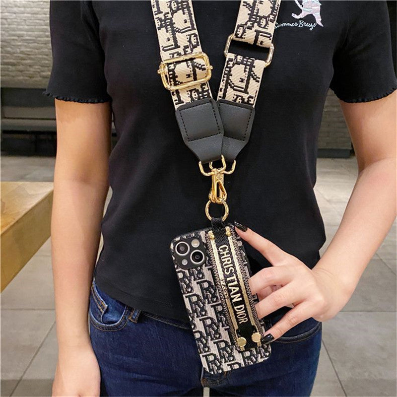 Dior-inspired patterned iPhone 13 case with strap