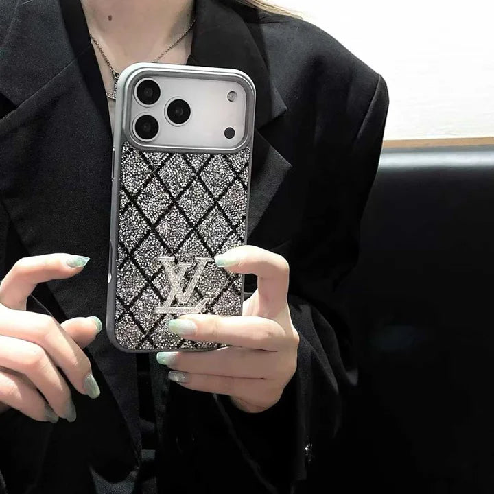 Louis Vuitton-inspired phone case with sparkling rhinestones for iPhone 17 / 16 / 15 / 14, grey