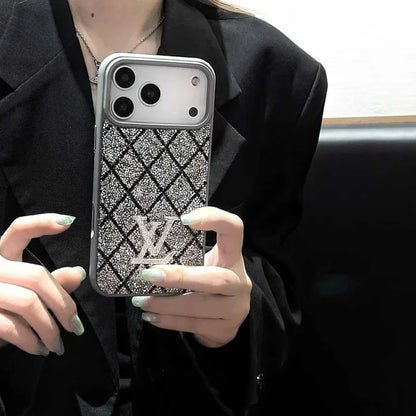 Louis Vuitton-inspired phone case with sparkling rhinestones for iPhone 17 / 16 / 15 / 14, grey