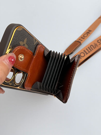 Louis Vuitton-inspired brown iPhone case with wallet card and strap
