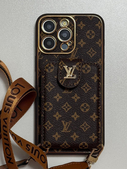 Louis Vuitton-inspired brown iPhone case with wallet card and strap