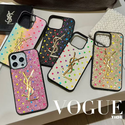 YSL-inspired glitter iPhone case with metal emblem