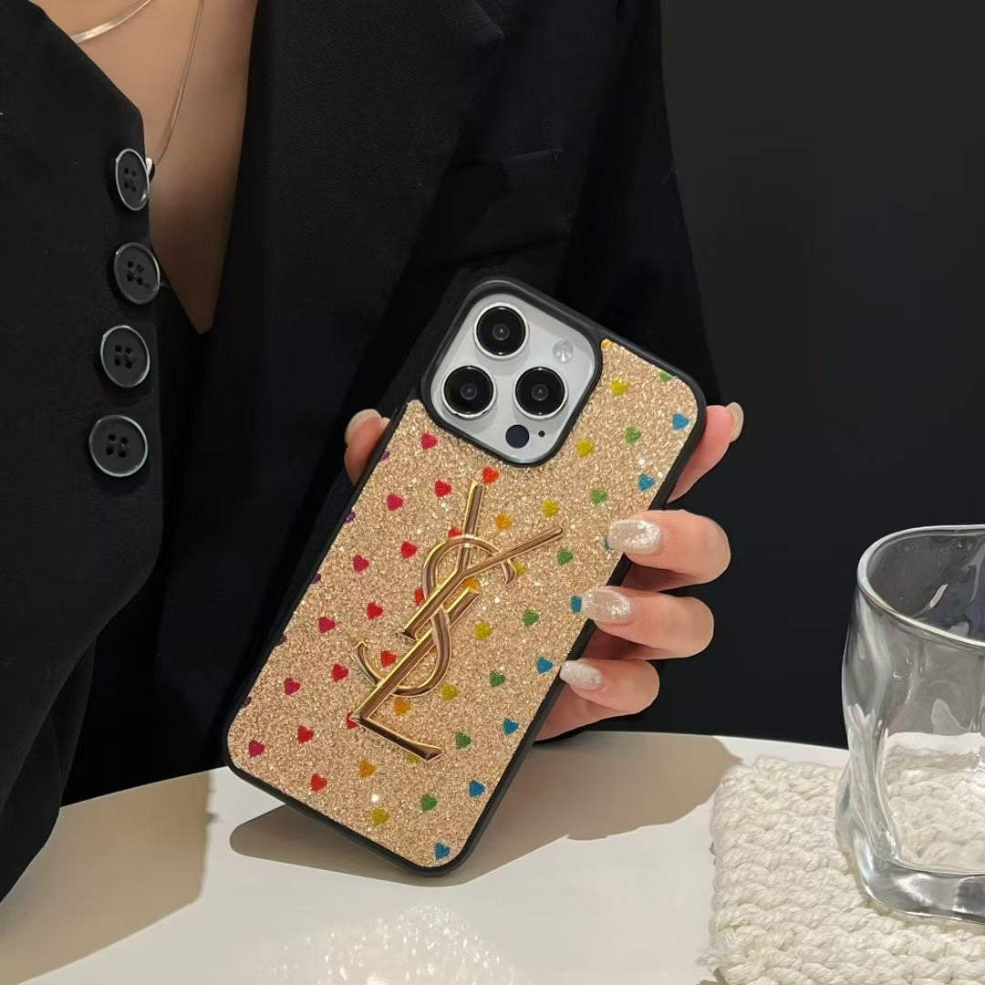 YSL-inspired glitter iPhone case with metal emblem