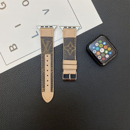 Apple Watch genuine leather strap stitching monogram leather, beige  big flower