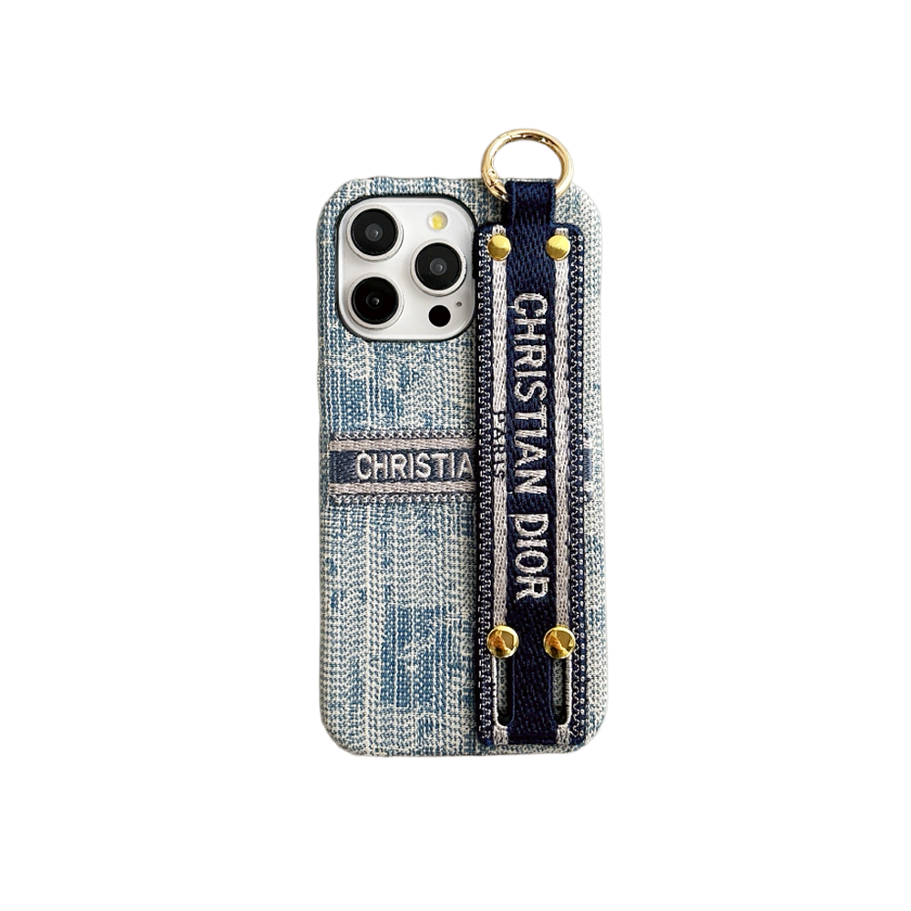 Dior-inspired patterned phone case with wide hand strap