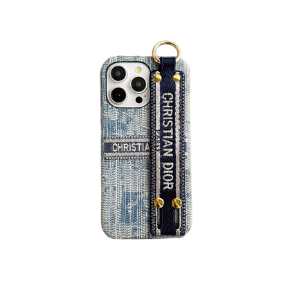 Dior-inspired patterned phone case with wide hand strap