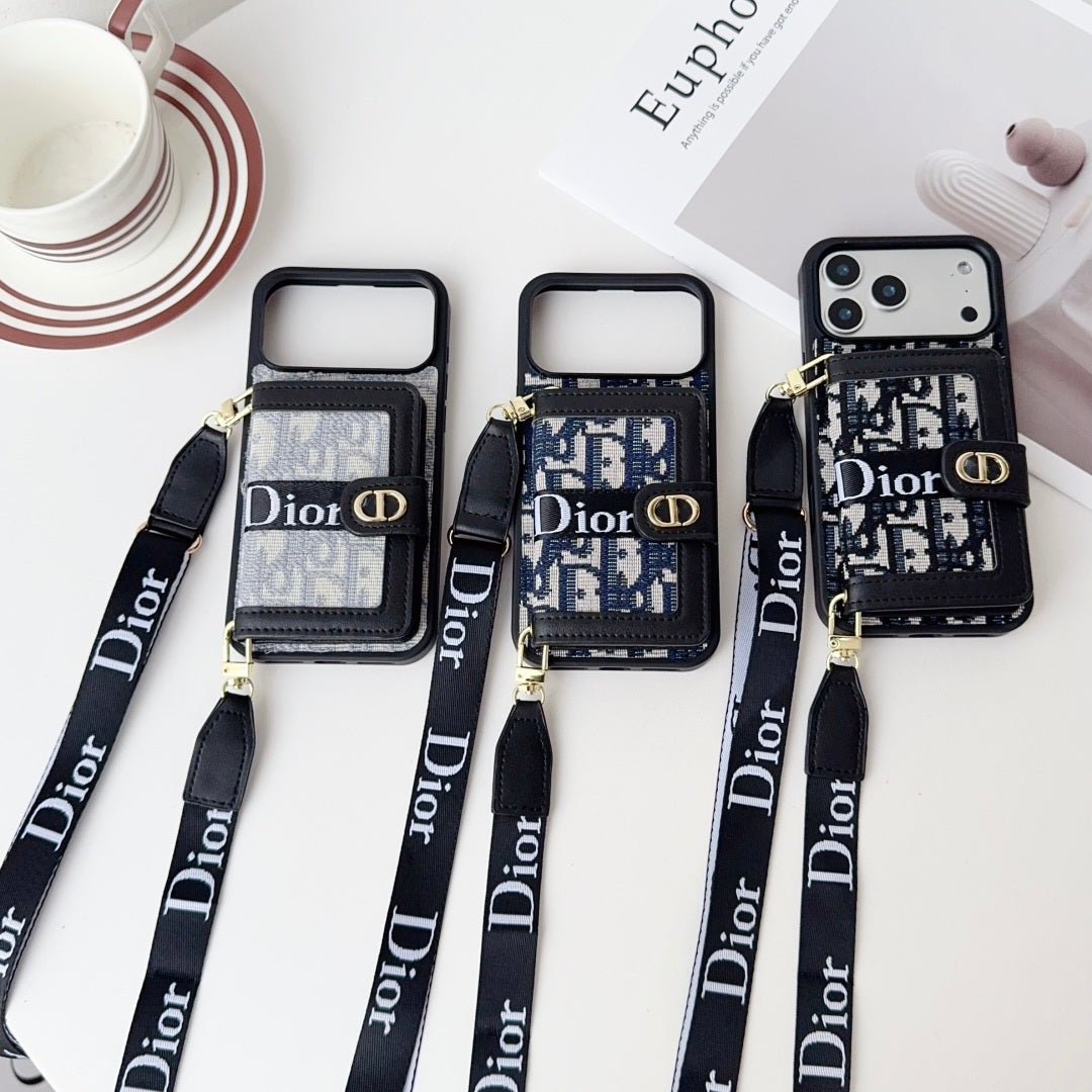Dior-inspired leather iPhone case with card wallet and strap for iPhone 17 / 16 / 15 / 14