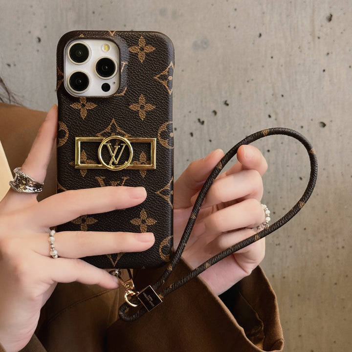 Louis Vuitton-inspired monogram iPhone case with crossbody strap