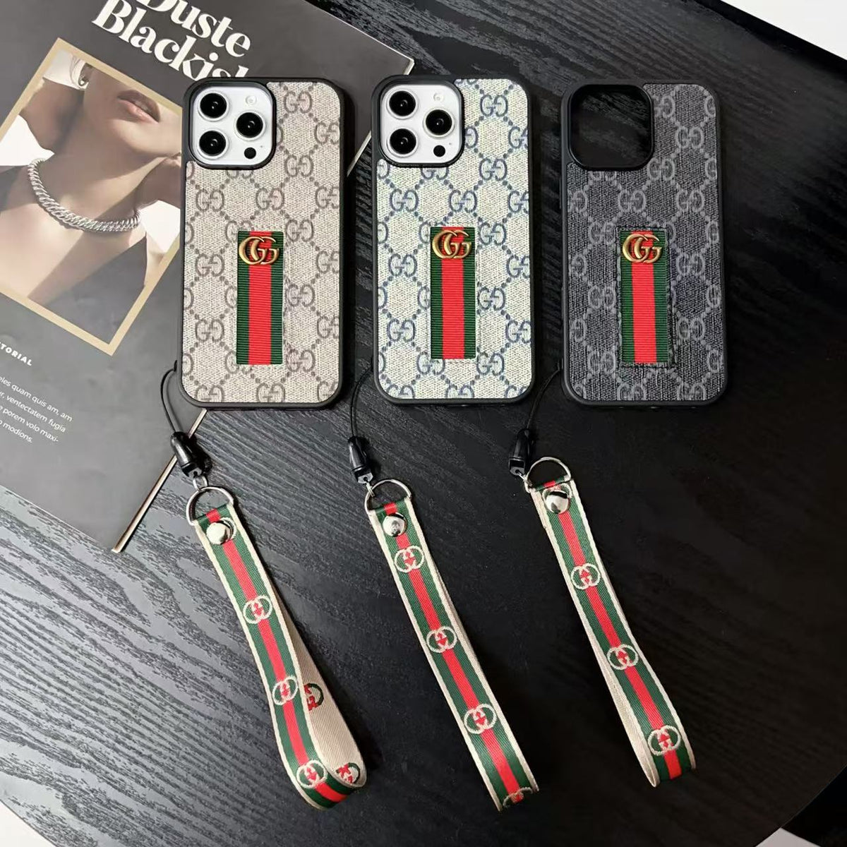 Gucci-inspired monogram phone case with detachable strap