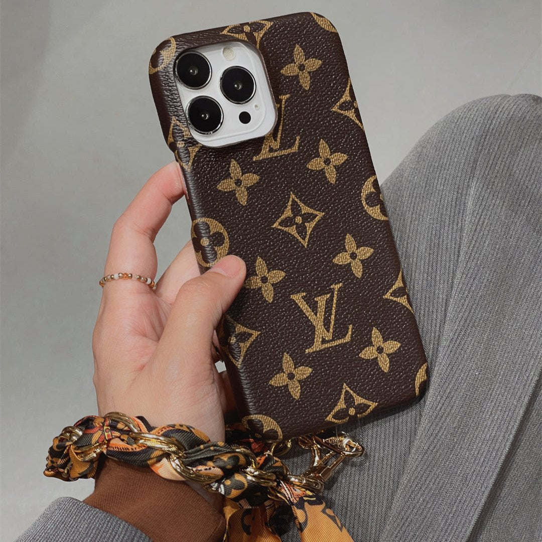 Louis Vuitton-inspired phone case with hand strap, brown monogram