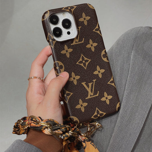 Louis Vuitton-inspired phone case with hand strap, brown monogram