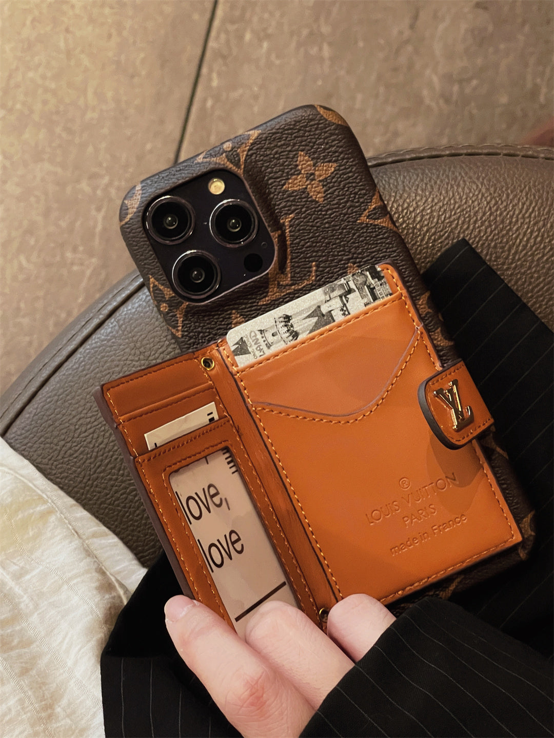 Louis Vuitton-inspired canvas crossbody iPhone case with card holder