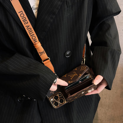 Brown leather iPhone wallet case with strap