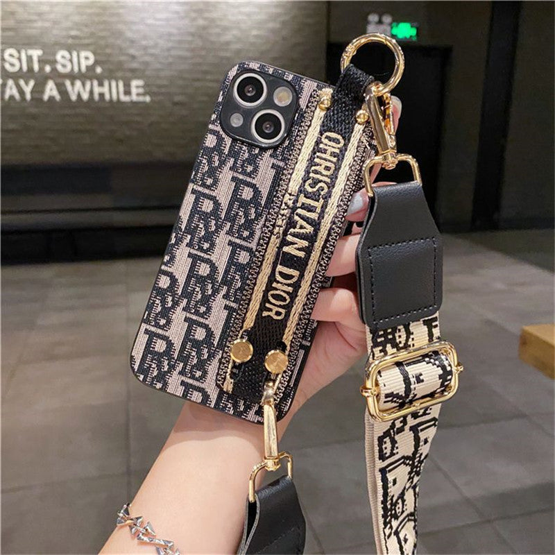 Dior-inspired patterned iPhone 13 case with strap
